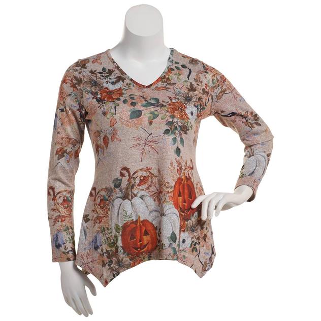 Womens OneWorld Long Sleeve Halloween Garden Hacci V-Neck Tee