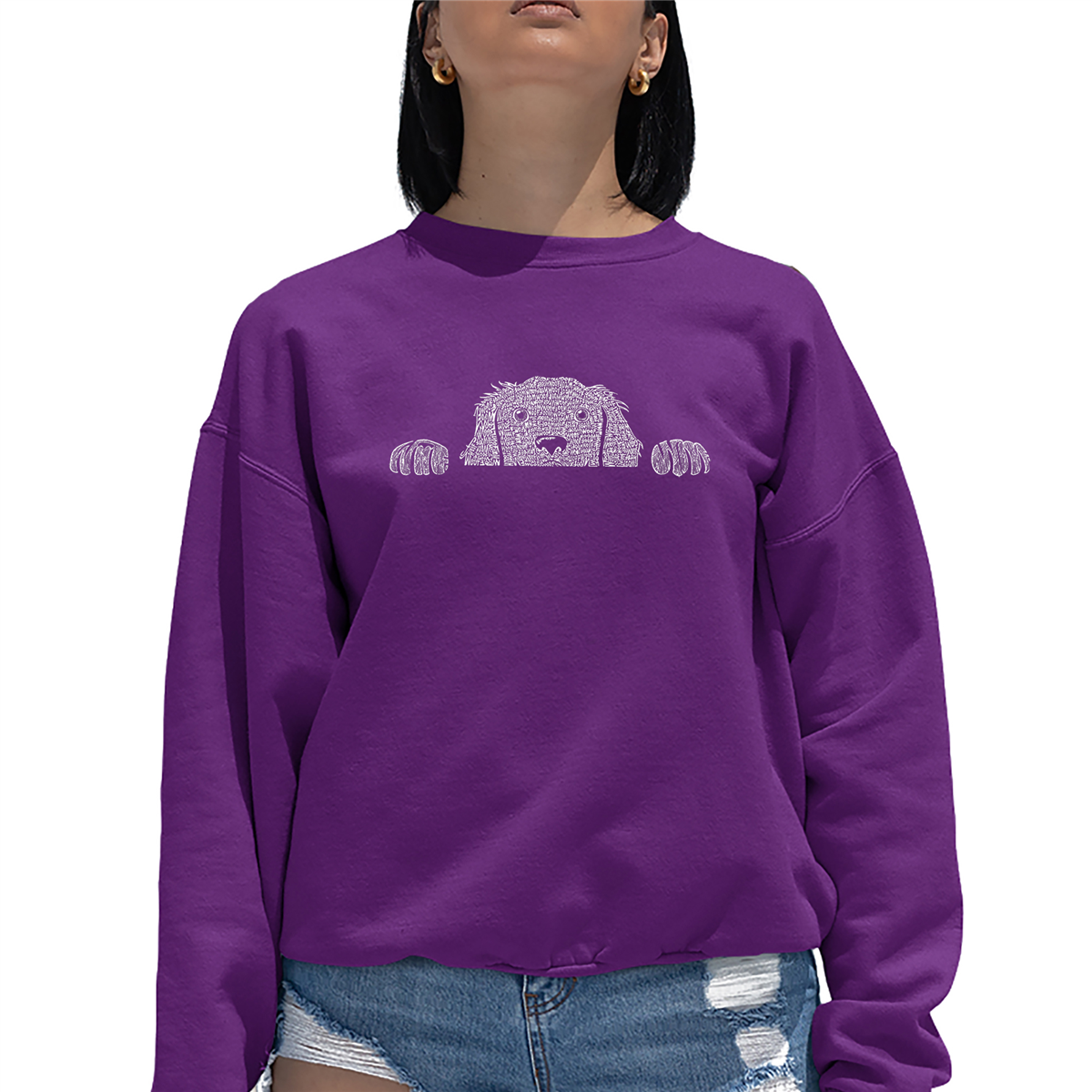 Womens LA Pop Art Peeking Dog - Word Art Crewneck Sweatshirt