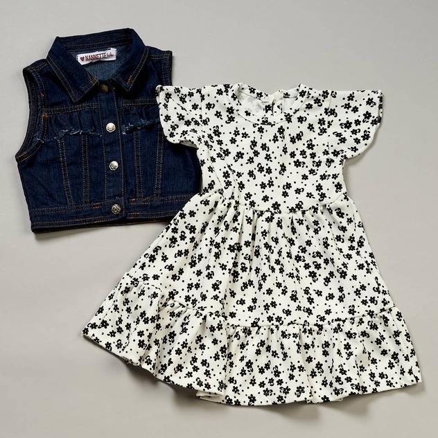 Toddler Girl Nannette Floral Flutter Cuff Dress & Denim Vest