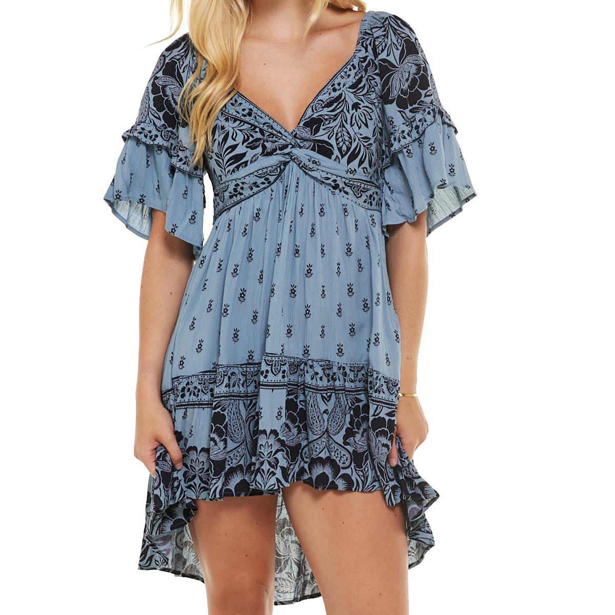 Juniors Angie Ruffle Elbow Sleeve V-Neck Mix Print High Low Dress