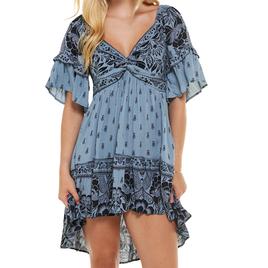Juniors Angie Ruffle Elbow Sleeve V-Neck Mix Print High Low Dress