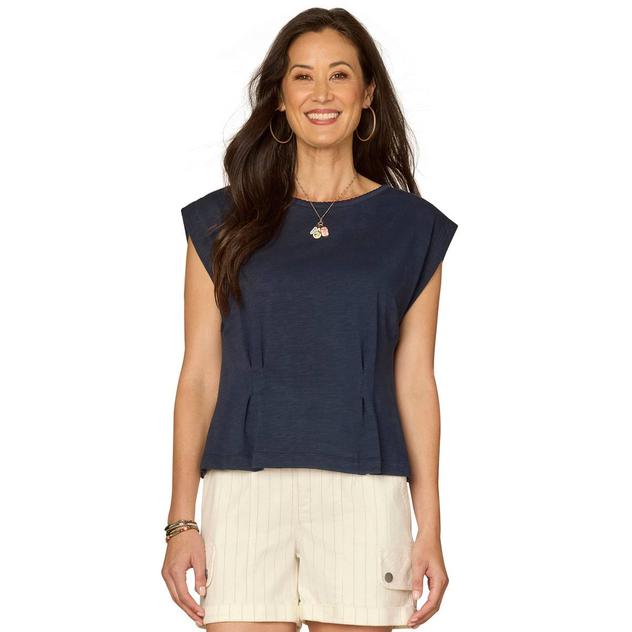 Womens Democracy Cap Sleeve Pleated Navy Peplum Blouse