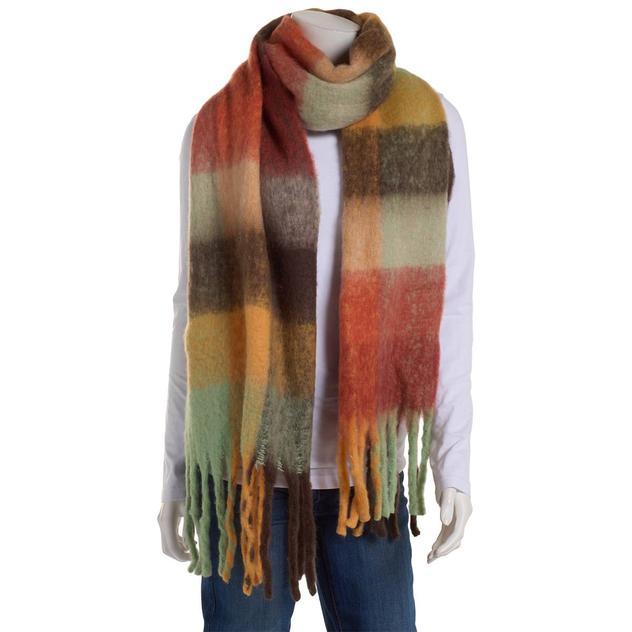 Womens Renshun Plaid Blanket Scarf with Noodle Fringes -Brown/Red