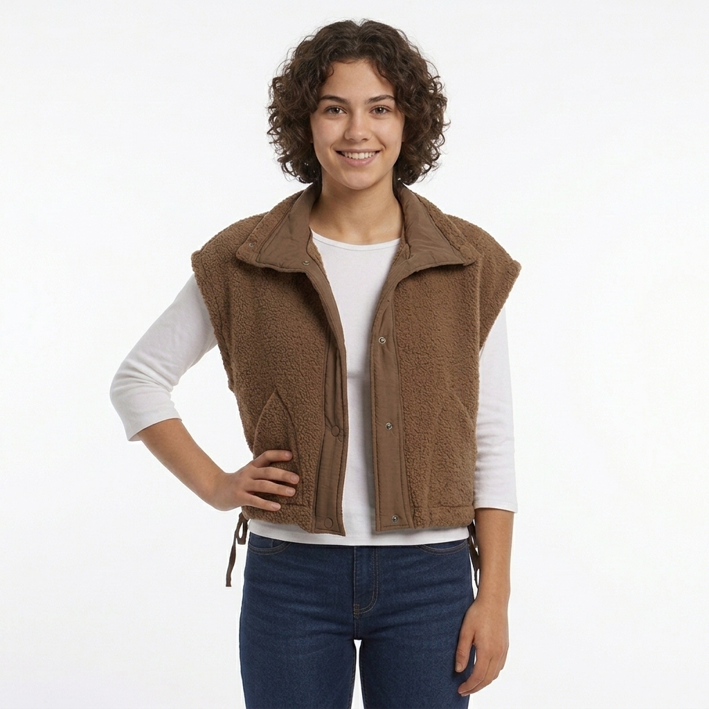Juniors Love Tree Sherpa Side Tie Snap Front Drop Sleeve Vest