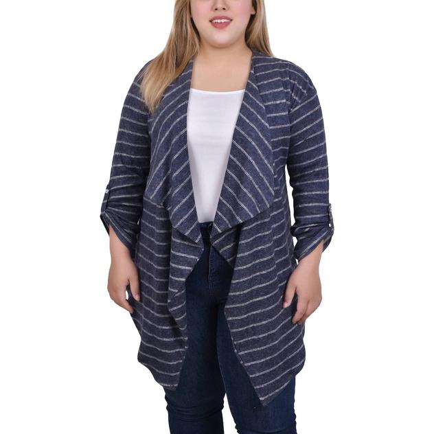 Plus Size NY Collection Roll Tab Sleeve Stripe Cardigan
