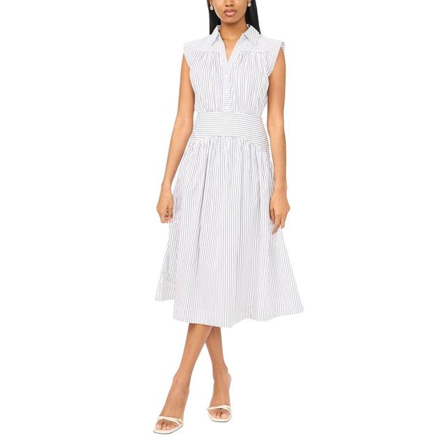 Womens MSK Sleeveless Poplin Stripe Cinched Waist Midi Dress