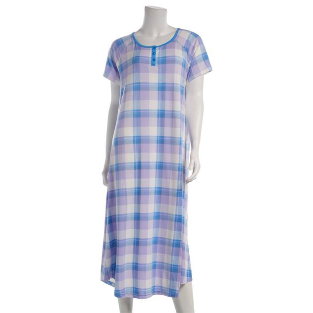 Plus Size White Orchid Short Sleeve Plaid Henley Nightgown