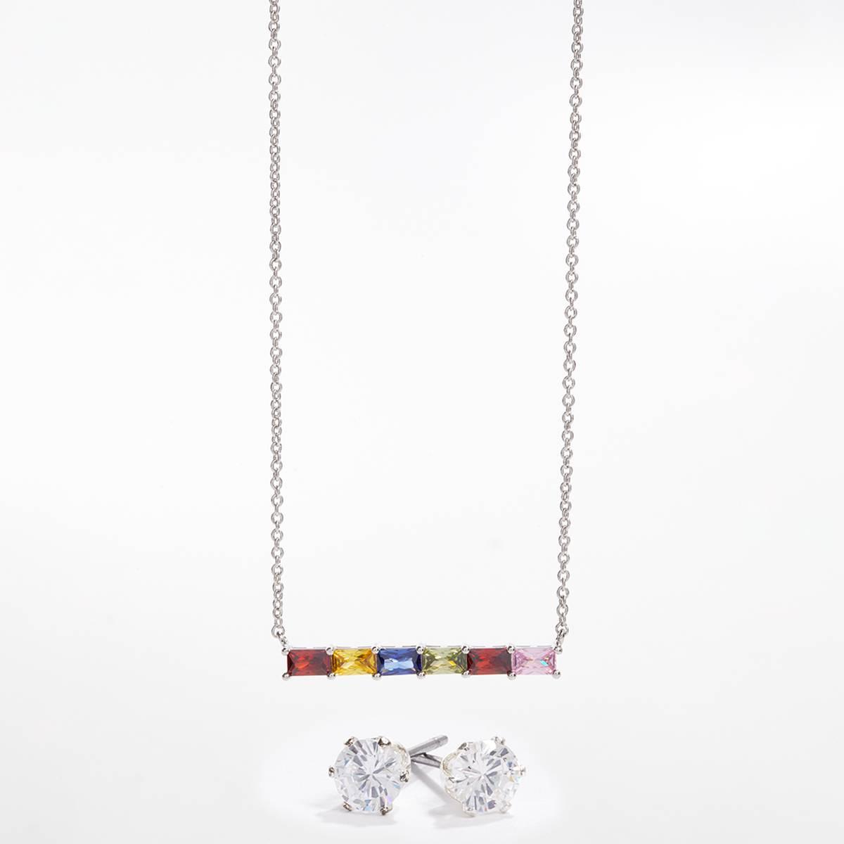 Silver-Tone CZ Rainbow Bar Necklace & Earring Set