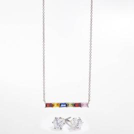 Silver-Tone CZ Rainbow Bar Necklace & Earring Set