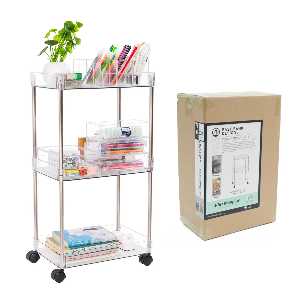 J&V Textiles Chrome Clear Acrylic 3 Tier Cart