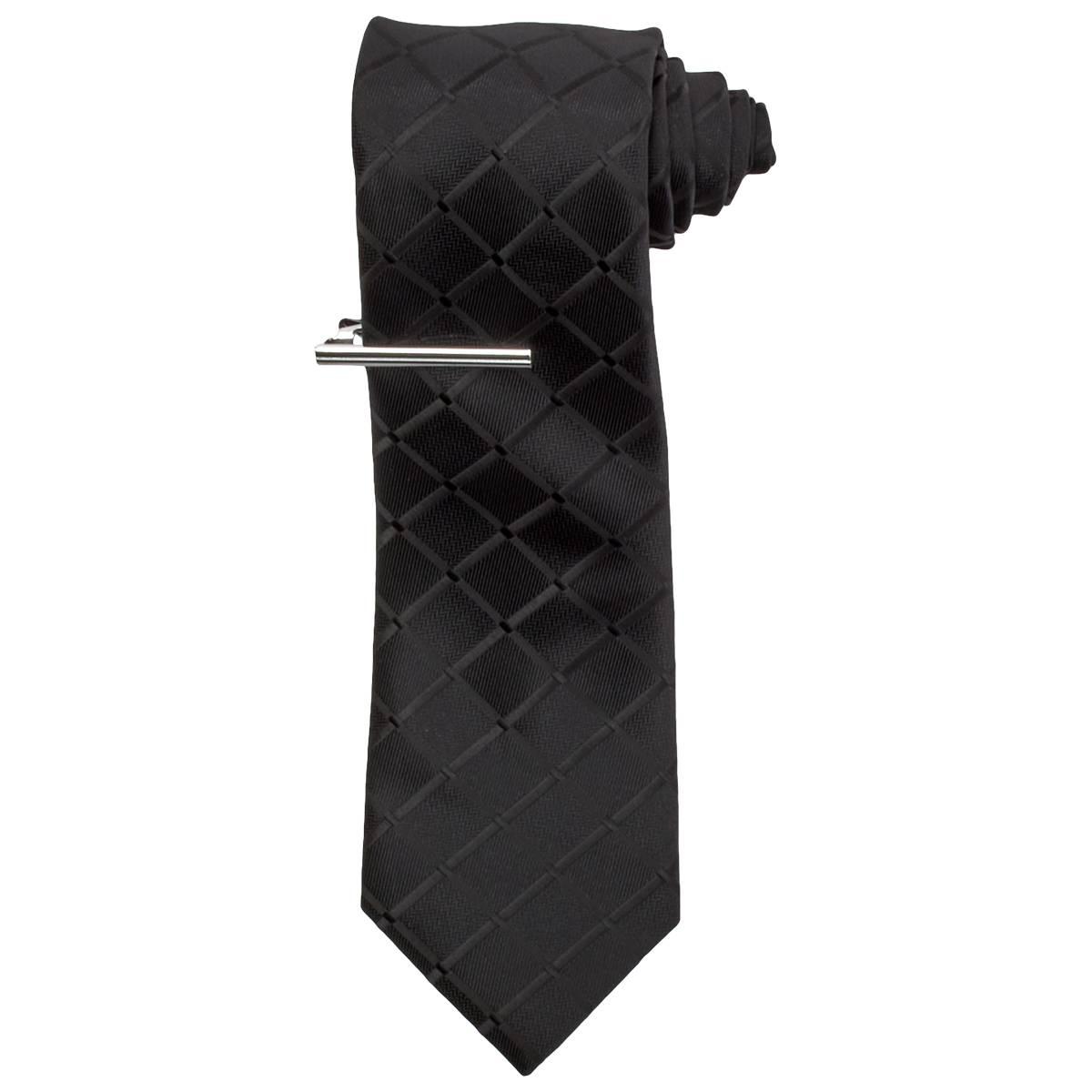Mens Bill Blass Solid Grid Tie & Tie Bar