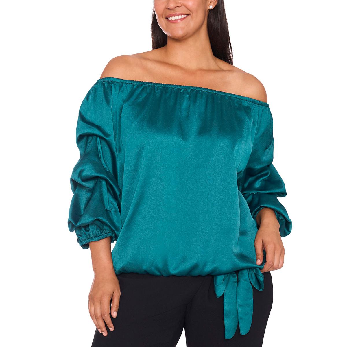 Plus Size MSK 3/4 Lantern Sleeve Solid Tie Waist Blouse