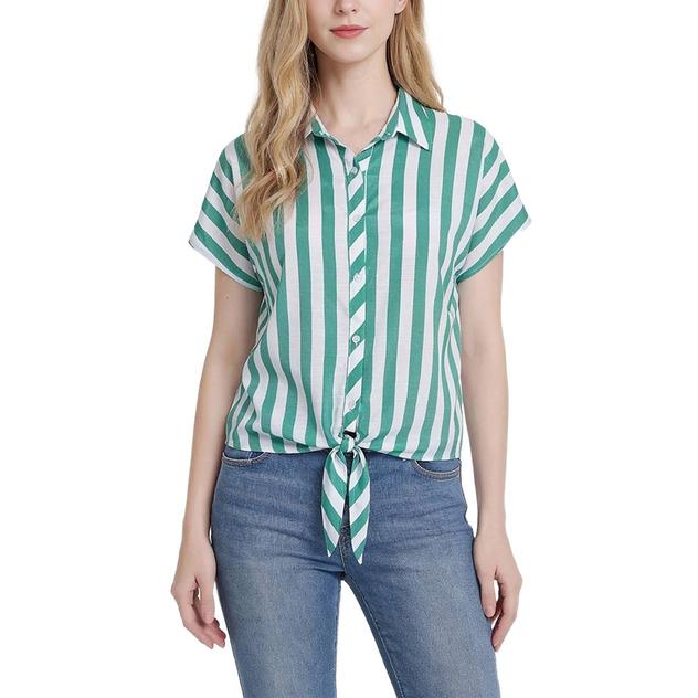 Petite NY Collection Short Sleeve Tie Front Stripe Blouse