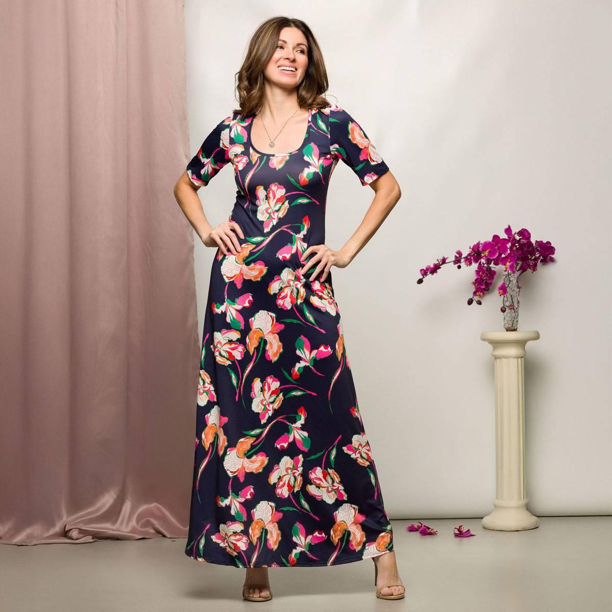 Womens 24/7 Comfort Apparel Navy Floral Casual A Line Maxi Dress