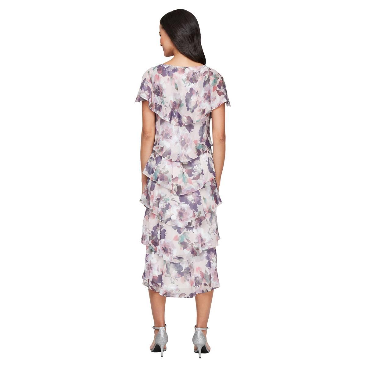 Petite SLNY Short Sleeve Floral Chiffon Tiered Midi Dress