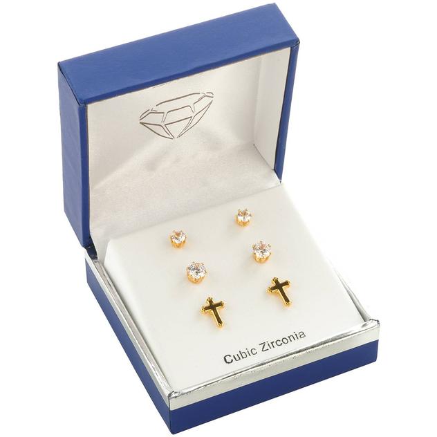 3pr. Gold-Tone CZ Cross Round Stud Earring Set