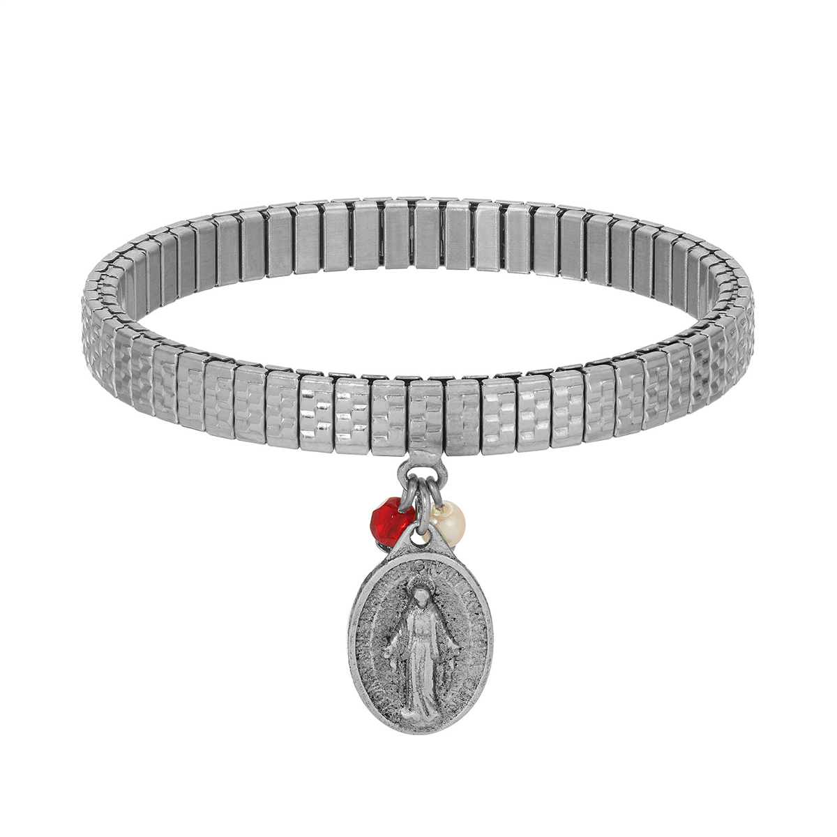 Symbols of Faith Silver Tone Oval Medal Charm Stretch Bracelet
