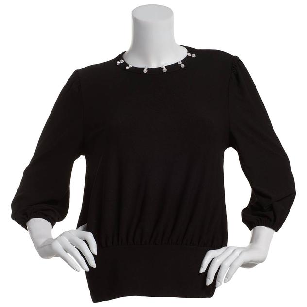 Womens 89th & Madison 3/4 Sleeve Pearl Trim Banded Hem Blouse