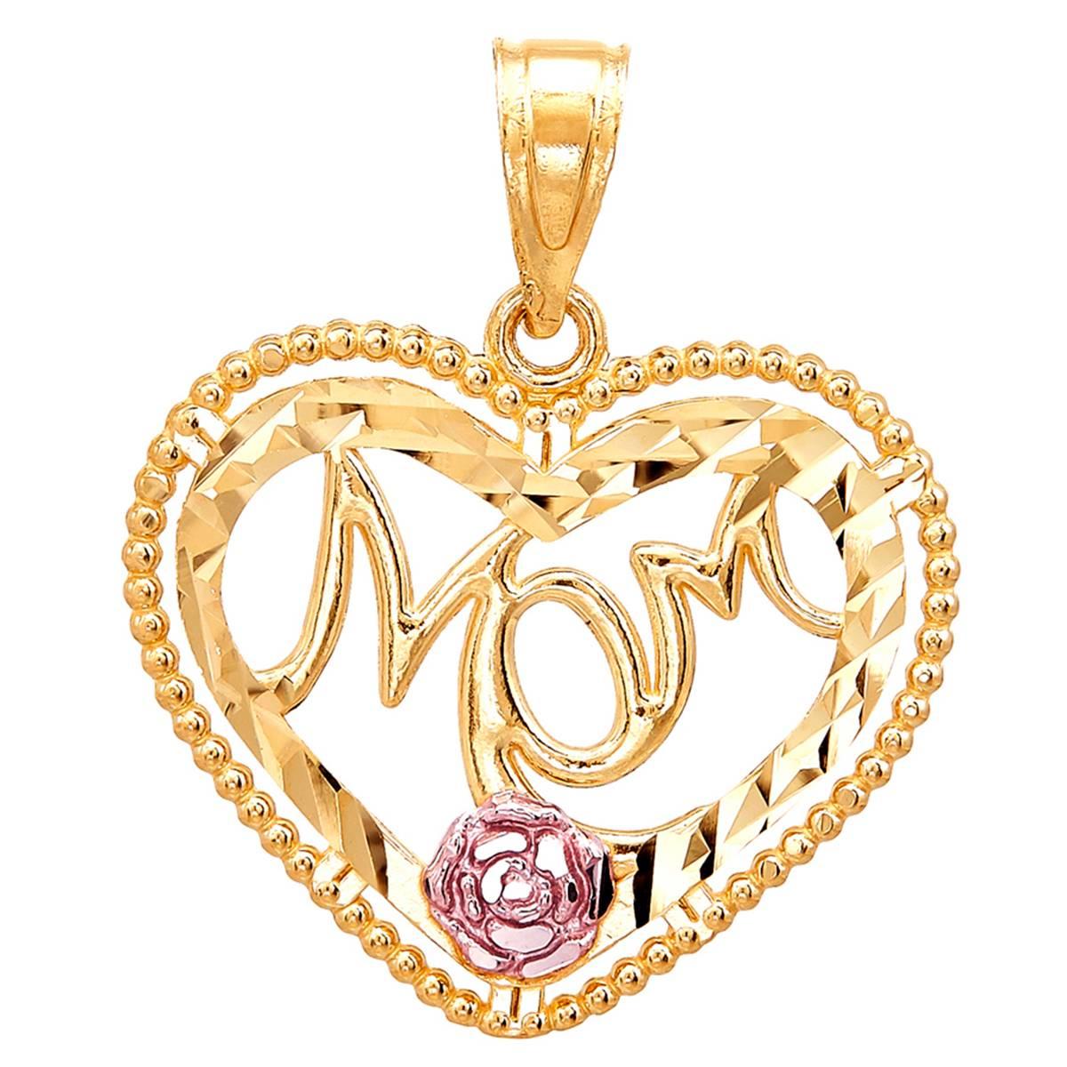 Gold Classics(tm) Two-Tone Diamond-Cut Mom & Rose Heart Pendant