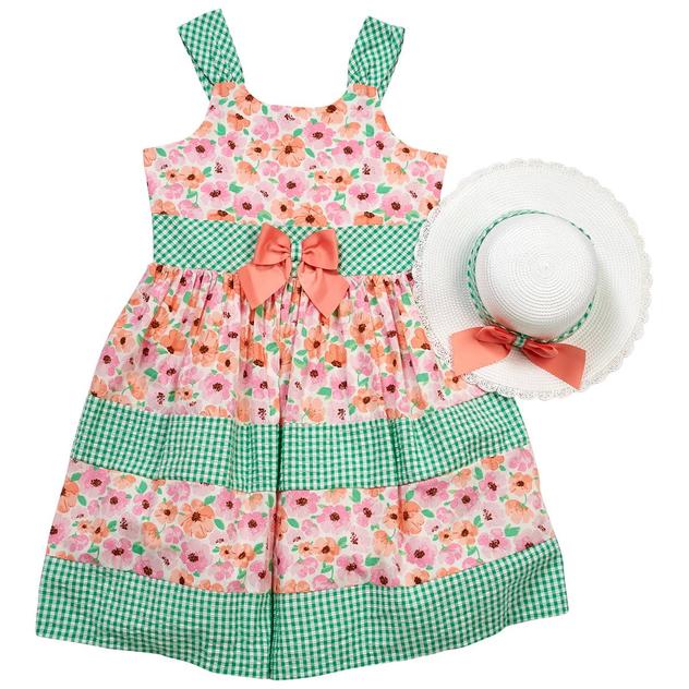 Girls (7-16) Bonnie Jean Floral/Gingham Sleeveless Dress w/ Hat