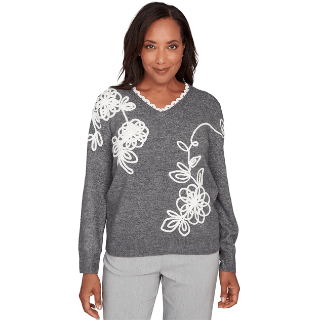 Petite Alfred Dunner Stockbridge Ruffle V-Neck Floral Sweater