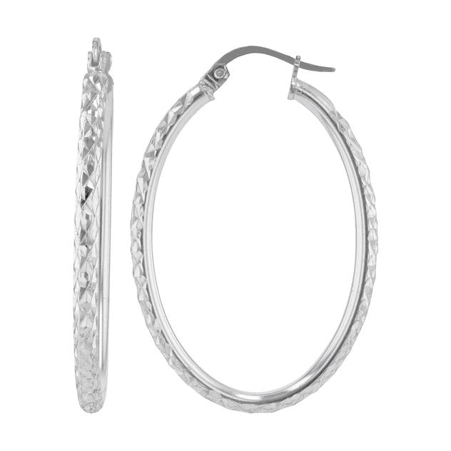 Sterling Silver Oval Diamond Cut Hoop Earrings