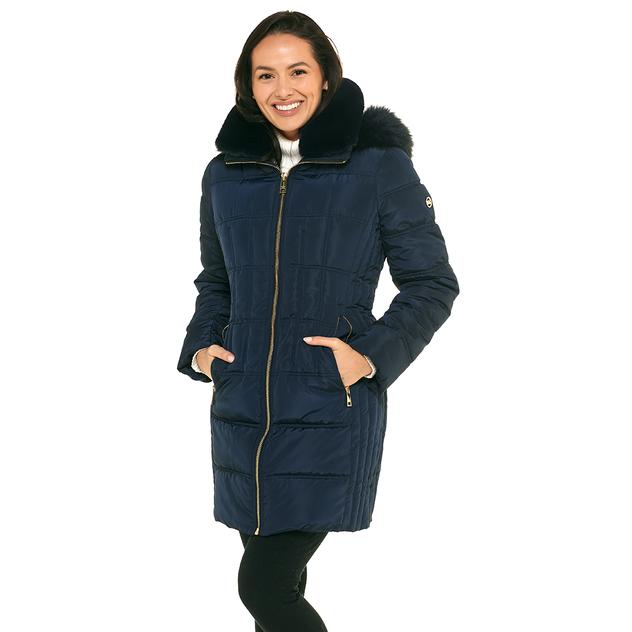 Womens Michael Kors Heavyweight Faux Fur Collar Down& Puffer Coat