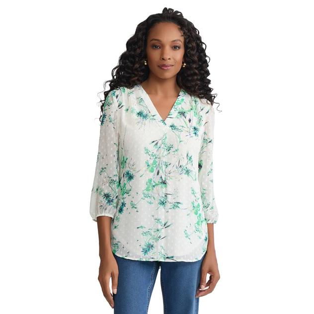 Womens Jones New York 3/4 Sleeve Floral Clip Dot Blouse