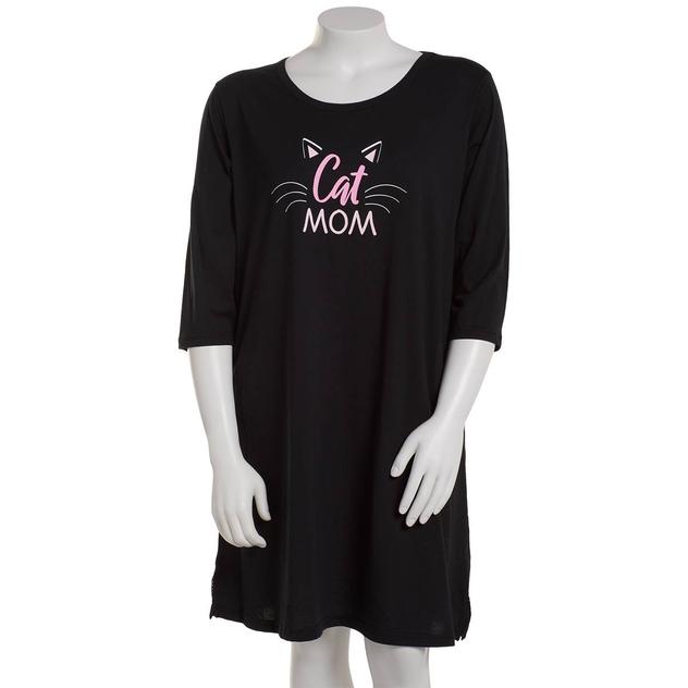 Plus Size Goodnight Kiss 3/4 Sleeve Cat Mom Screened Nightshirt