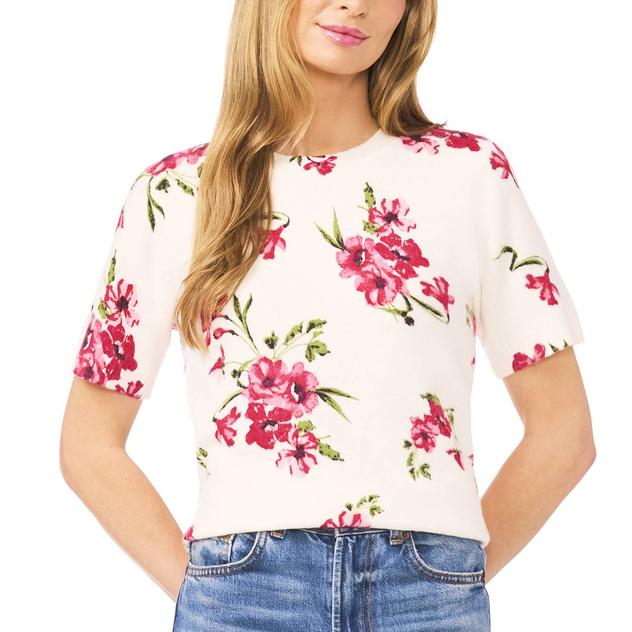 Womens Cece Short Sleeve Rib Floral Sweater