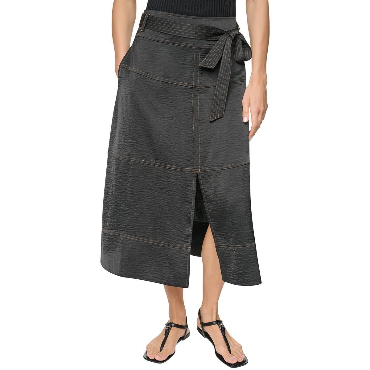 Womens DKNY Tie Waist Contrast Stitch Midi Skirt