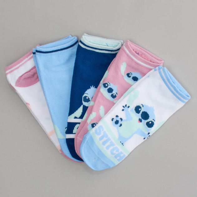 Girls Disney Stitch 5pk. Stripe Cuff No Show Socks