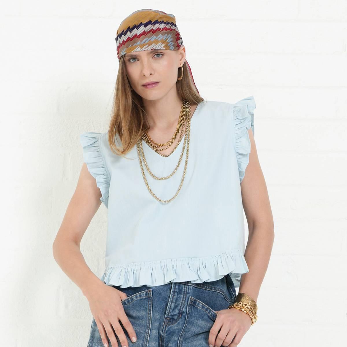 Womens MNK Ruffle Sleeve V Neck Denim Blouse