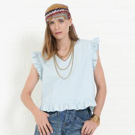 Womens MNK Ruffle Sleeve V Neck Denim Blouse