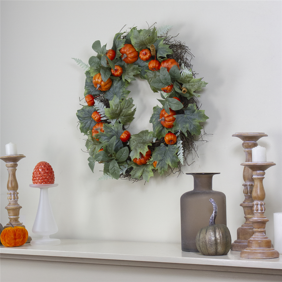 Northlight 24in. Maple & Fern Leaves with Pumpkins Wreath