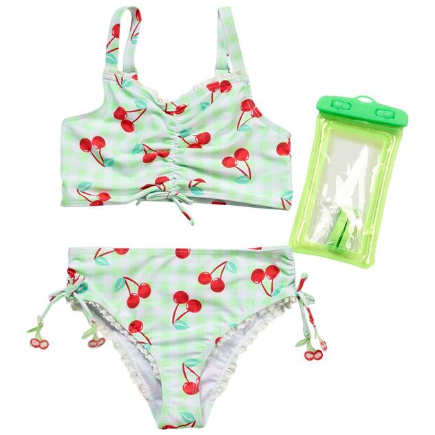 Girls (7-12) Nicole Miller 2pc. Gingham Cherry Swim Set w/ Pouch