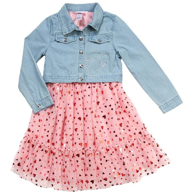 Girls (7-12) Little Lass® Heart Mesh Dress W/ Denim Jacket
