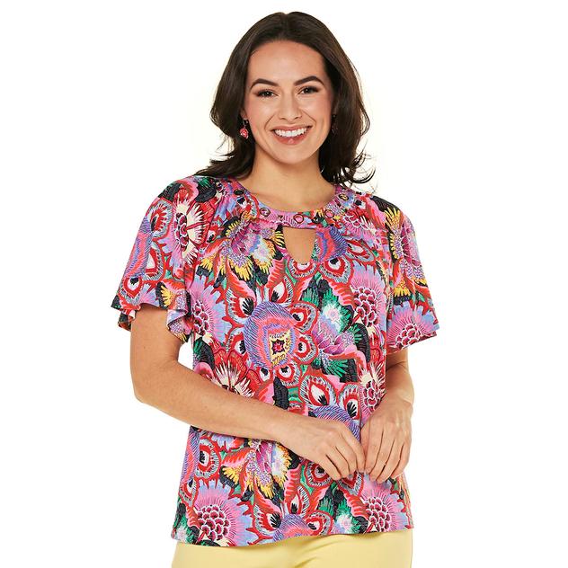 Womens Zac & Rachel Short Sleeve Keyhole Neck Floral Blouse
