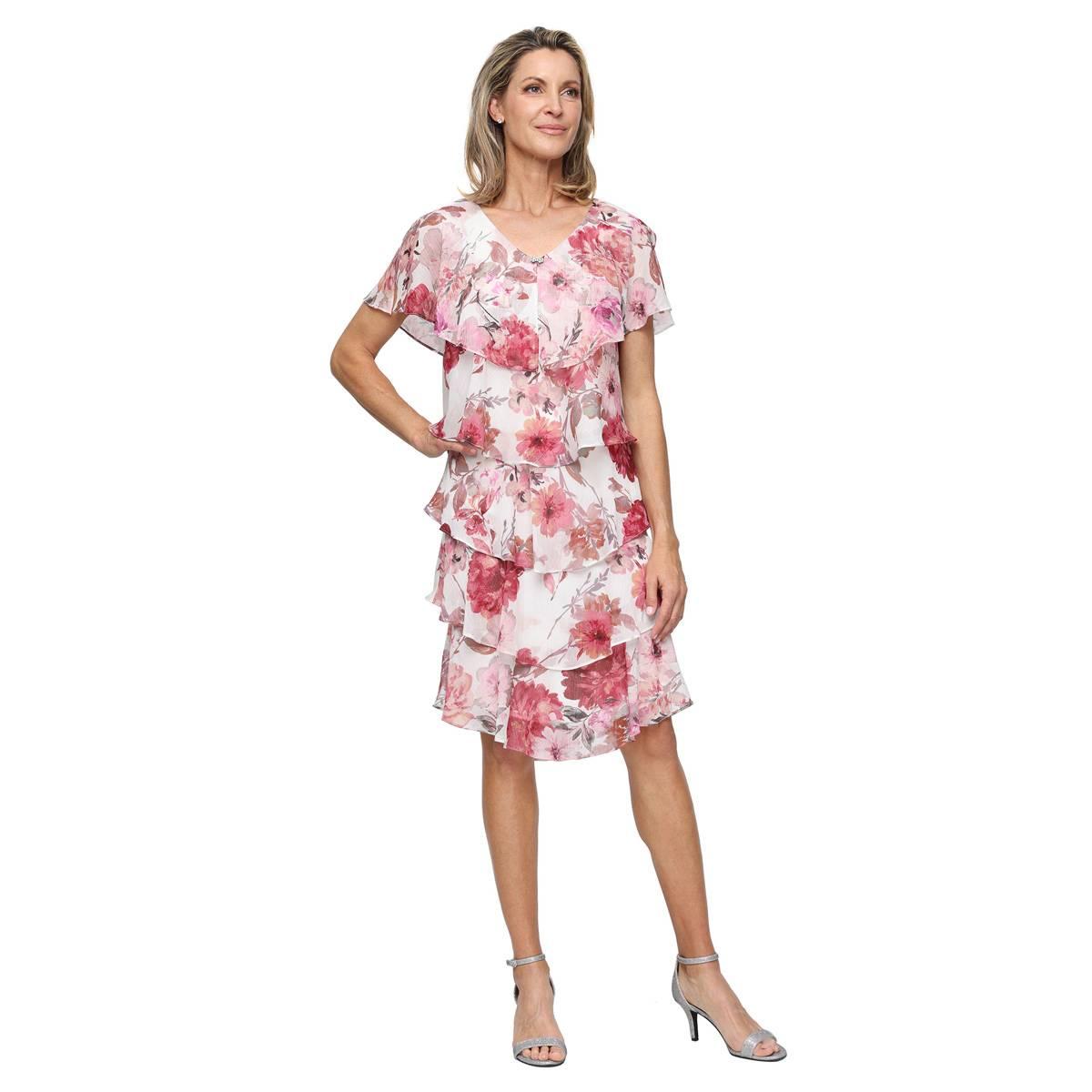 Womens SLNY Short Sleeve Print Tier Chiffon Dress