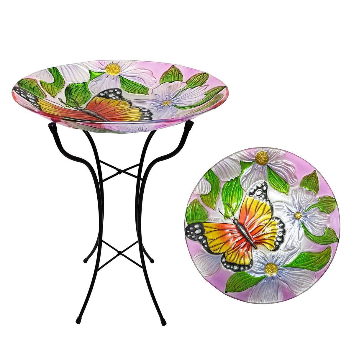 Alpine 18in. Flowers & Butterfly Glass Birdbath w/ Metal Stand