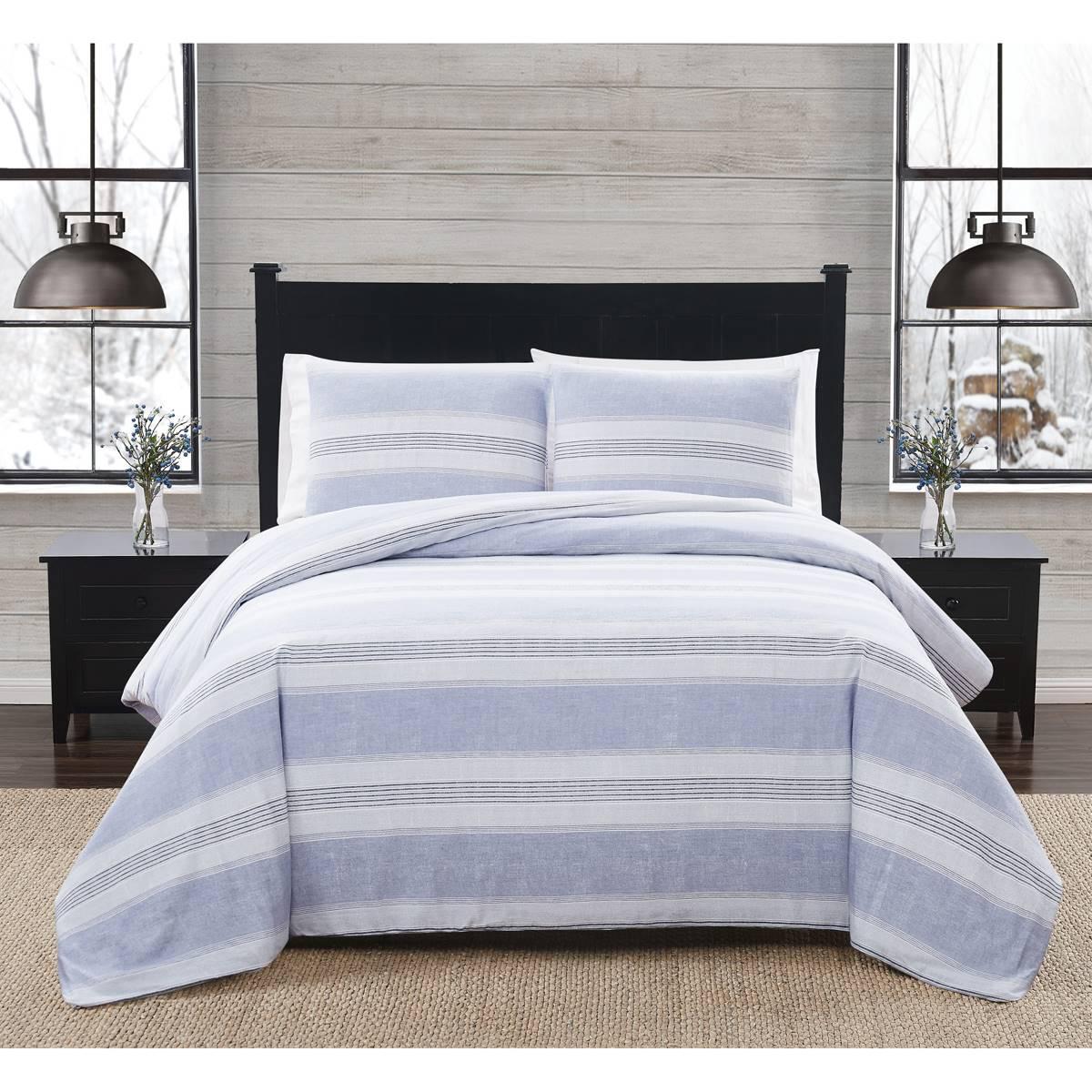 London Fog Fog Blue Stripe Duvet Cover Set