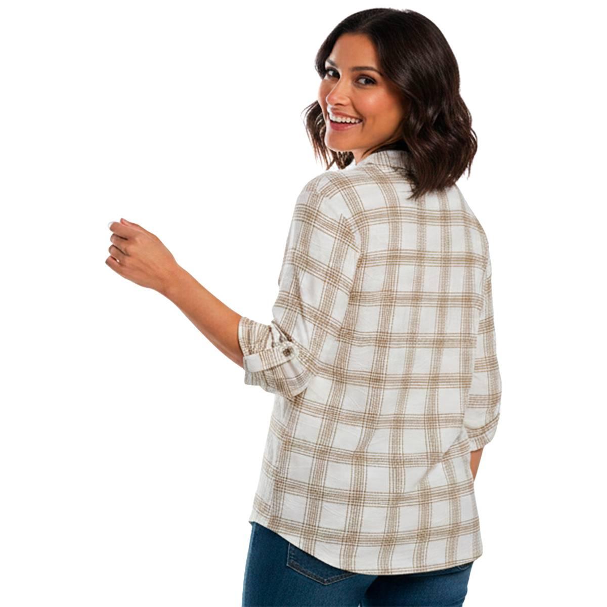 Petite Emily Daniels 3/4 Roll Tab Sleeve Plaid Pocket Blouse