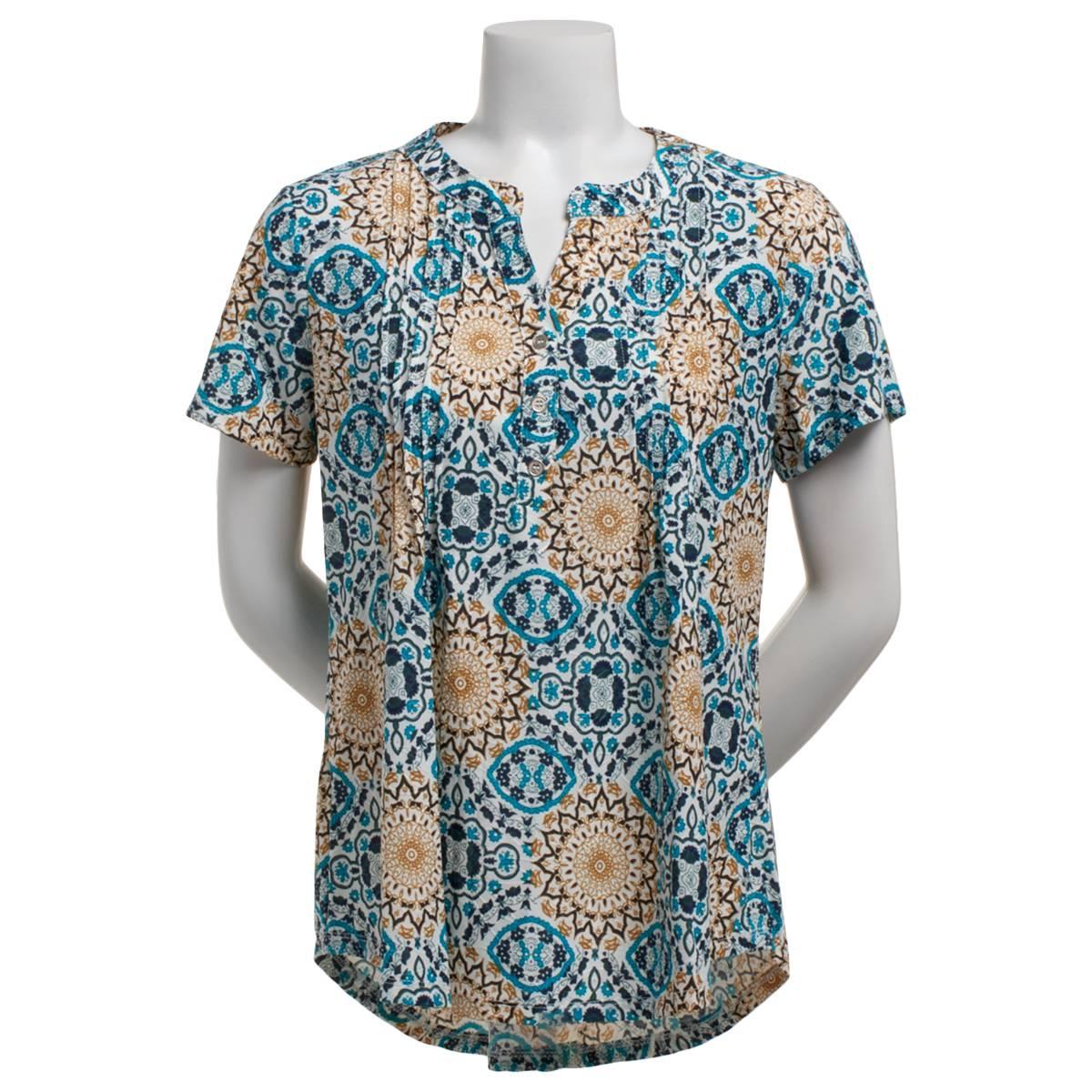 Womens Notations Short Sleeve Textured Medallion Pleated Blouse