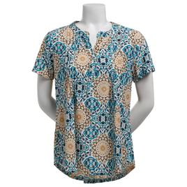 Womens Notations Short Sleeve Textured Medallion Pleated Blouse