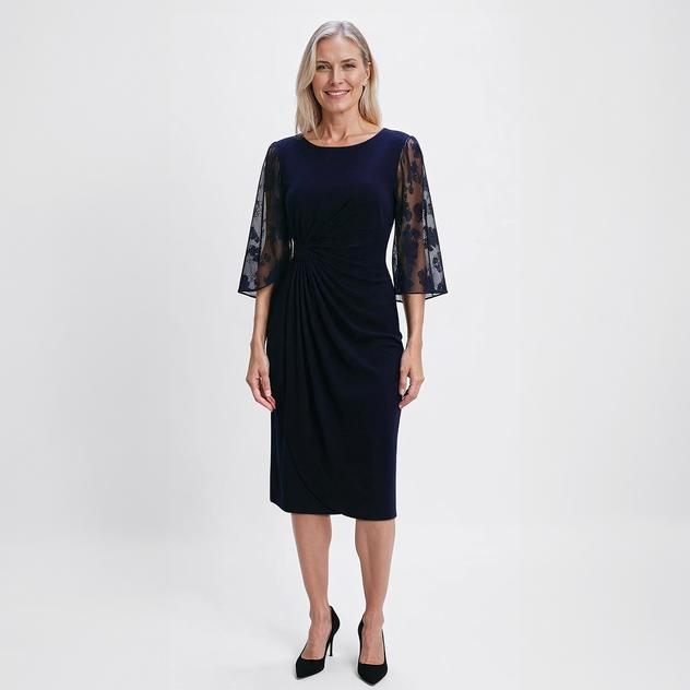 Womens Connected Apparel Sheer Sleeve Side Ruched Sheath Dress
