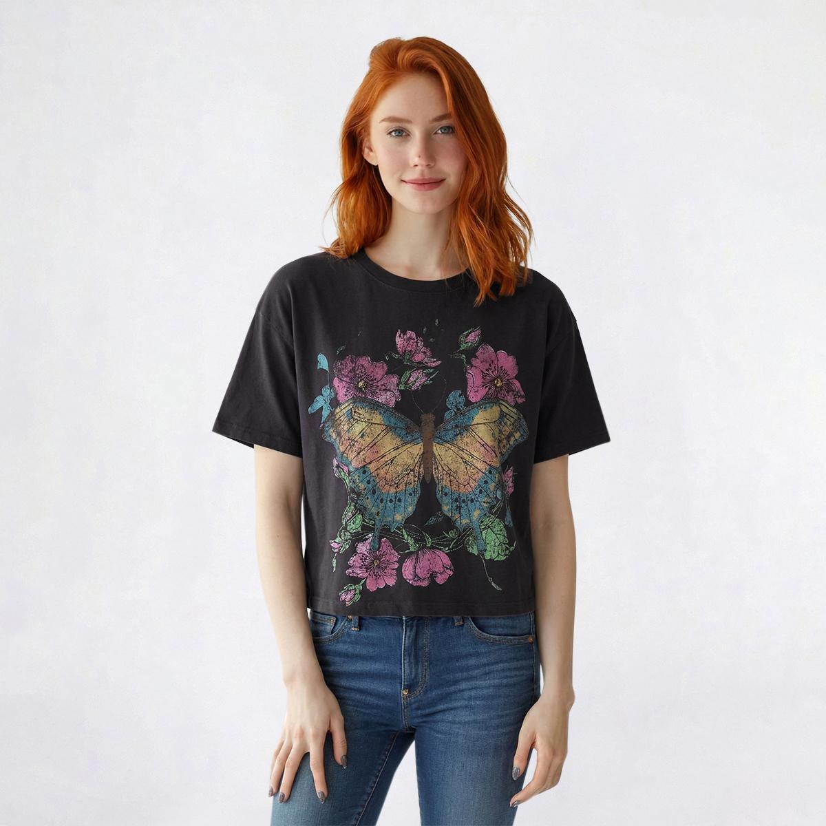 Juniors Attitude Not Included Butterfly Distressed Cropped Tee