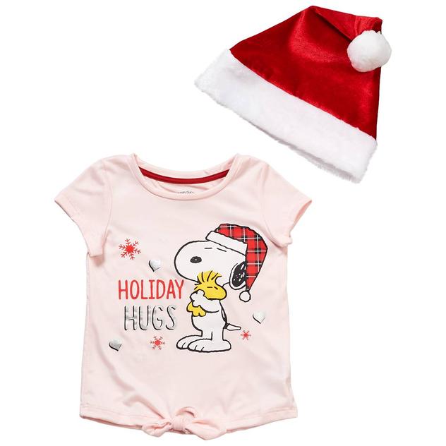 Girls (4-6x) Peanuts™ Snoopy Holiday Hugs Tie Front Tee W/ Hat