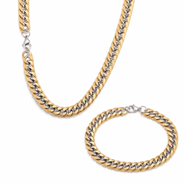 Mens Iron Saints 8.5mm Cuban Link Two-Tone Necklace Bracelet Set
