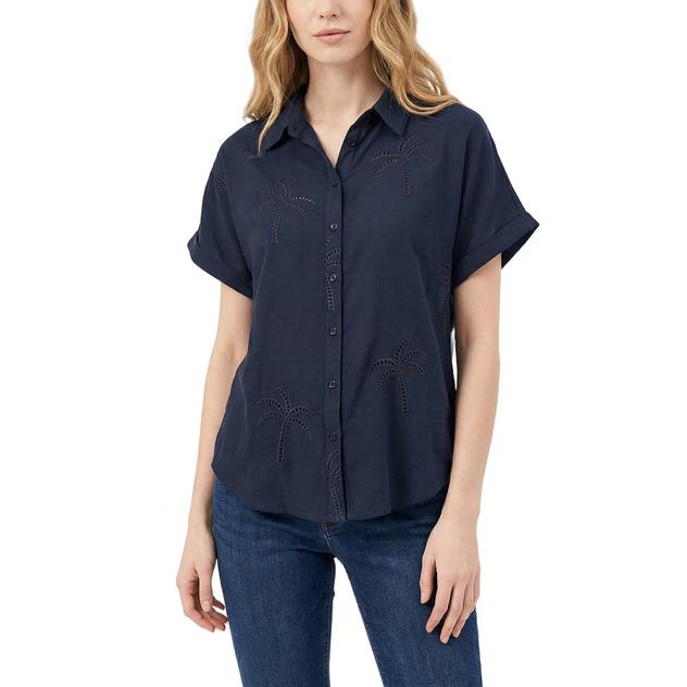 Womens NY Collection Short Sleeve Palm Tree Eyelet Button Down