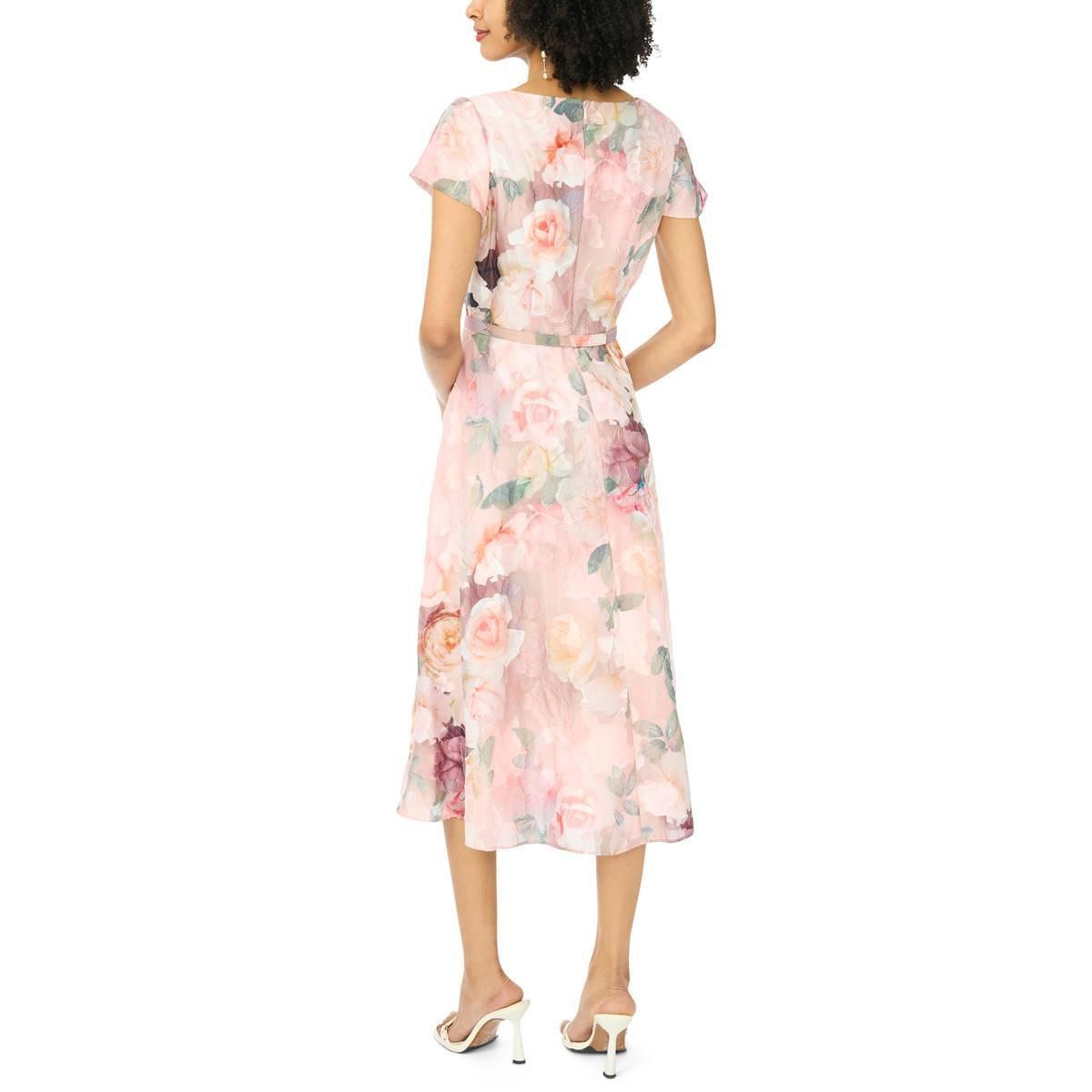 Womens MSK Short Sleeve Belt Waist Floral Midi Dress